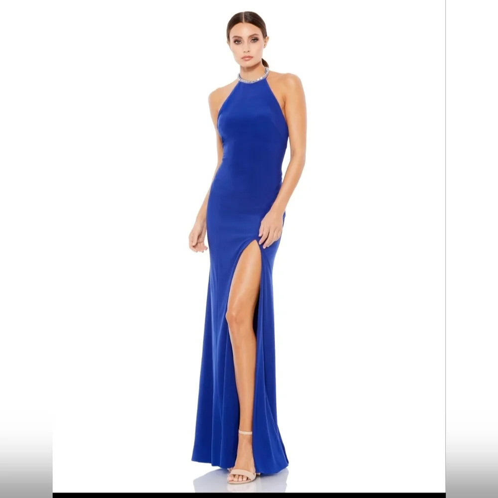 Ieena for Mac Duggal, Halter Neckline Evening Dress with Slit,Royal Blue, Size 8
